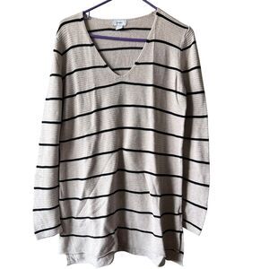 Old Navy‎ Striped Tunic Sweater V-neck Women Sz Medium Beige Black Preppy